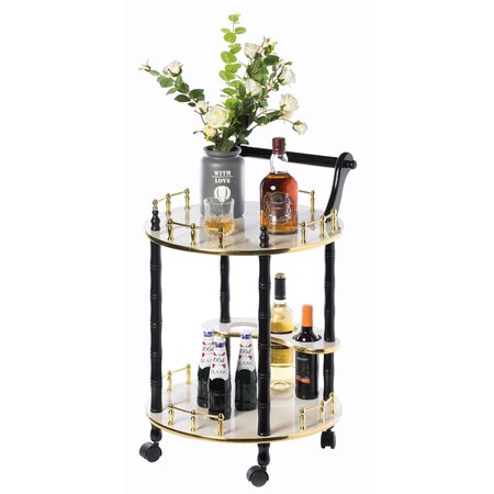 FABULAXE Round Wood Serving Bar Cart Tea Trolley w/2 Tier Shelves and Rolling Wheels, Gold, Black and White QI003779.WT